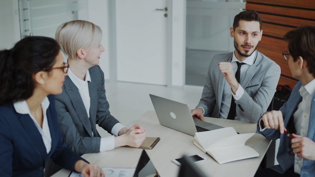 Professionals in a corporate boardroom meeting